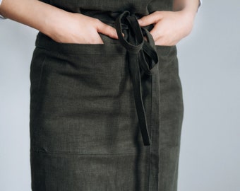 Olive Green Linen Apron - Two Pockets Linen Pinafore - Crafter Painting Apron - Long Male Female Cafe Restaurant Apron