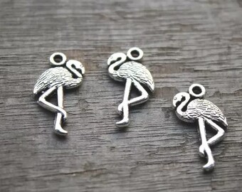 8 Flamingo Charms Antique Silver Tone 2 Sided