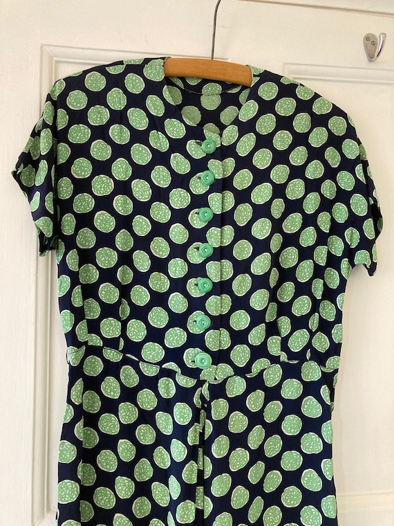 Early 1950s blue/green patterned rayon dress