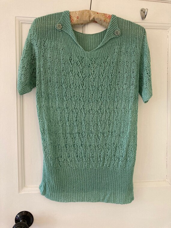 1920s hand knit lacy stitch sea green short sleeve