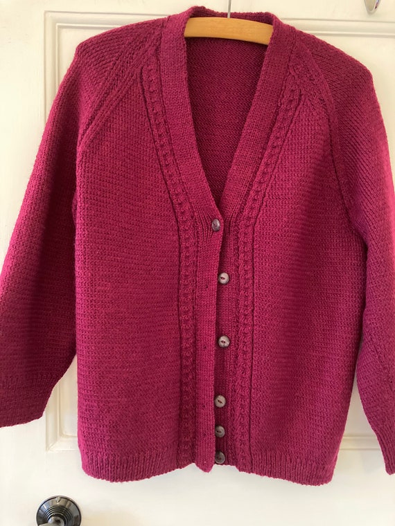 1950s hand knit burgundy wool cardigan