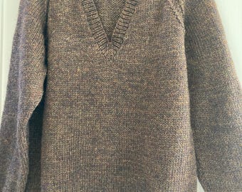 Hand knitted brown flecked woollen v-neck jumper. Medium/large size.