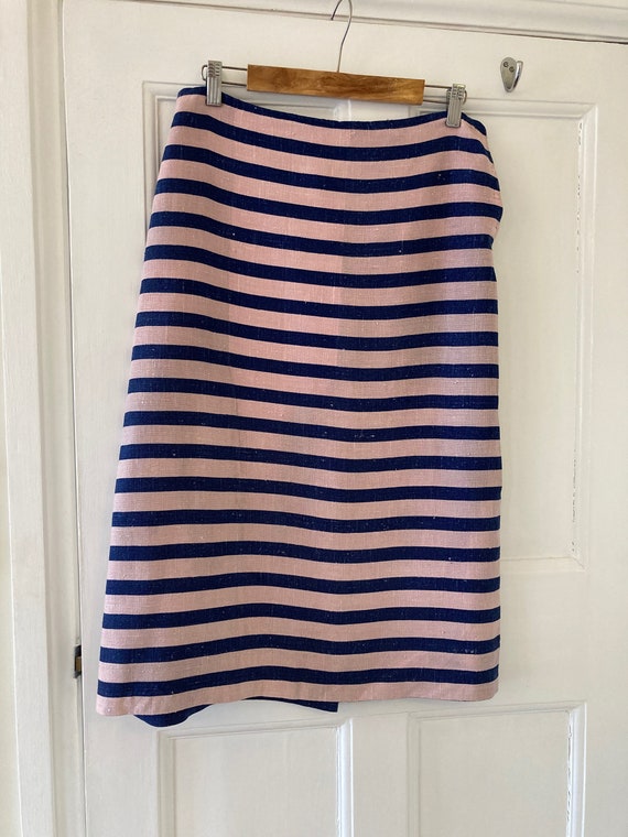 1930s navy blue and pastel pink striped linen skir