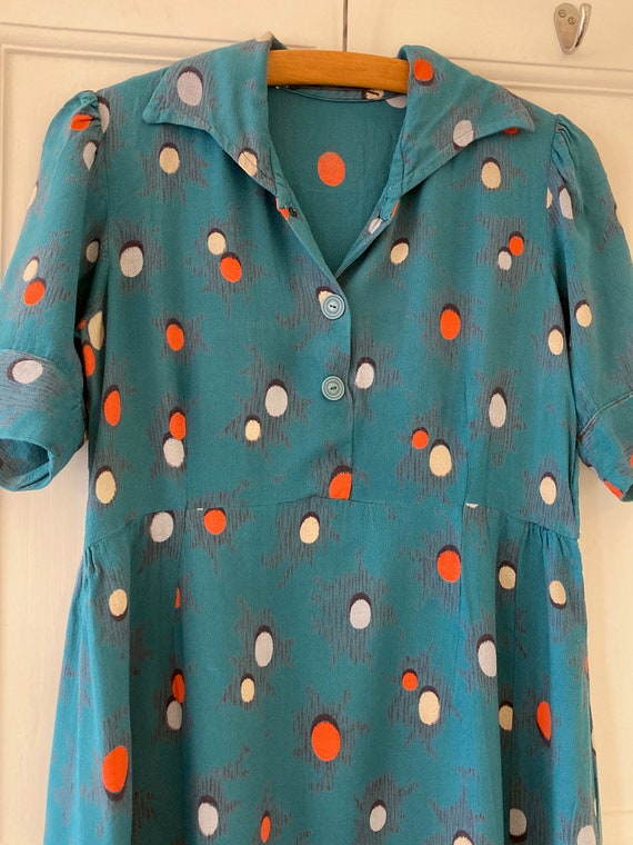 1940s teal spotted dress. Small size. - image 2