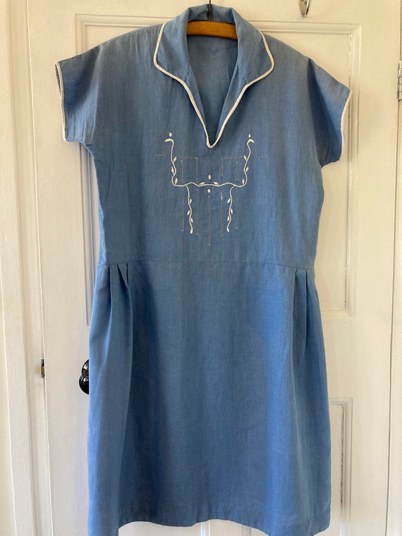 1930s periwinkle blue cotton embroidered day dress