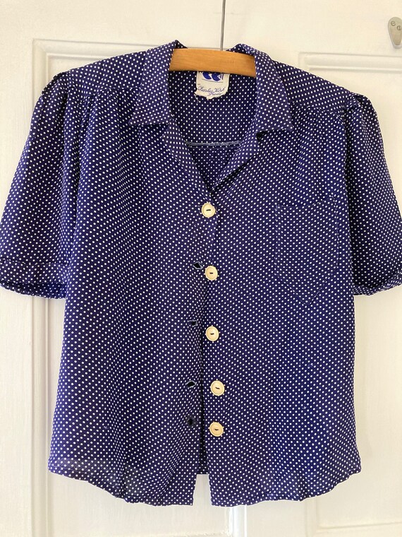 1940s CC41 blue polka dot short sleeve blouse