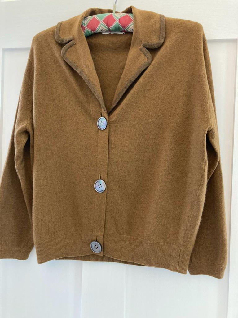 Ballantyne, 1950s Ballantyne shorter length, brown cashmere collared cardigan. Size small.