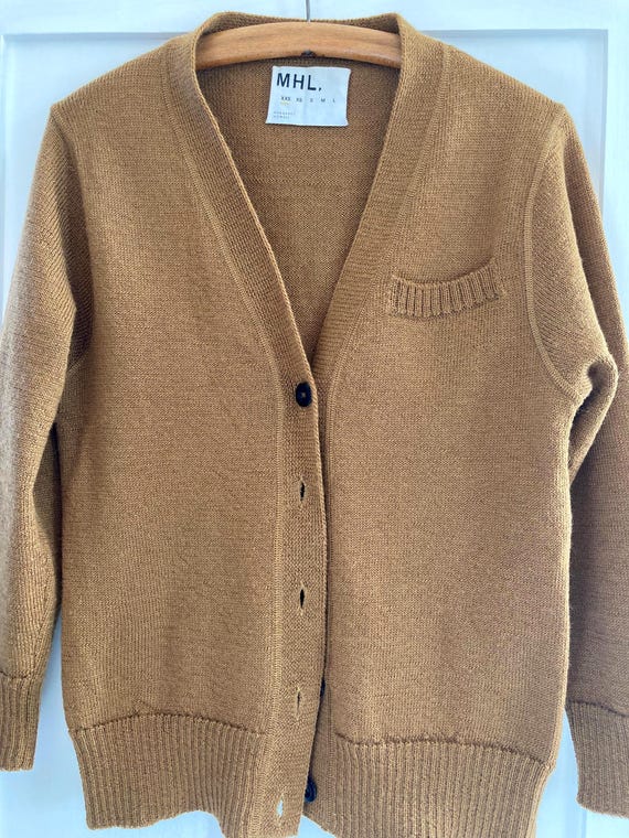 Margaret Howell, Margaret Howell ochre coloured wool, v-neck cardigan. Medium size.