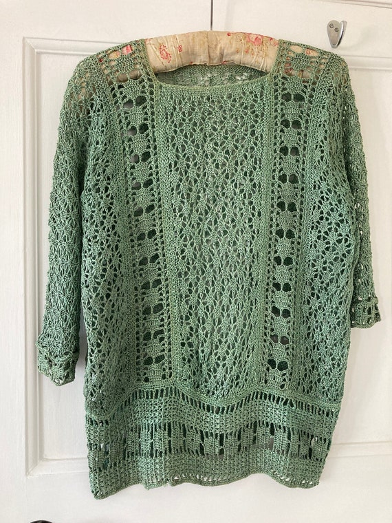 1920s sage green hand crocheted flapper top