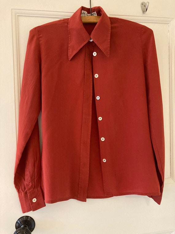1970s brick red silk Jacques Fath blouse