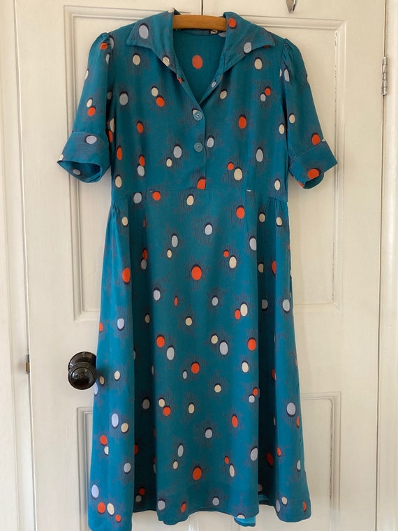 1940s teal spotted dress. Small size. - image 1