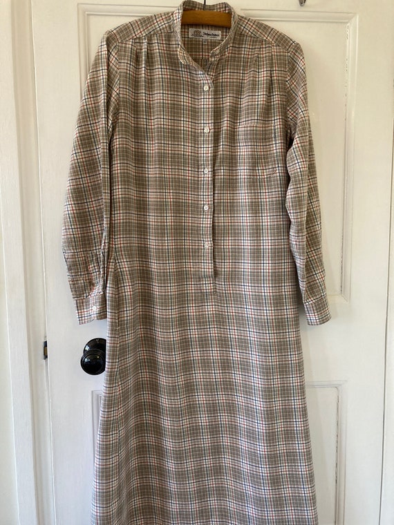 1980s work wear collarless checked shirt dress