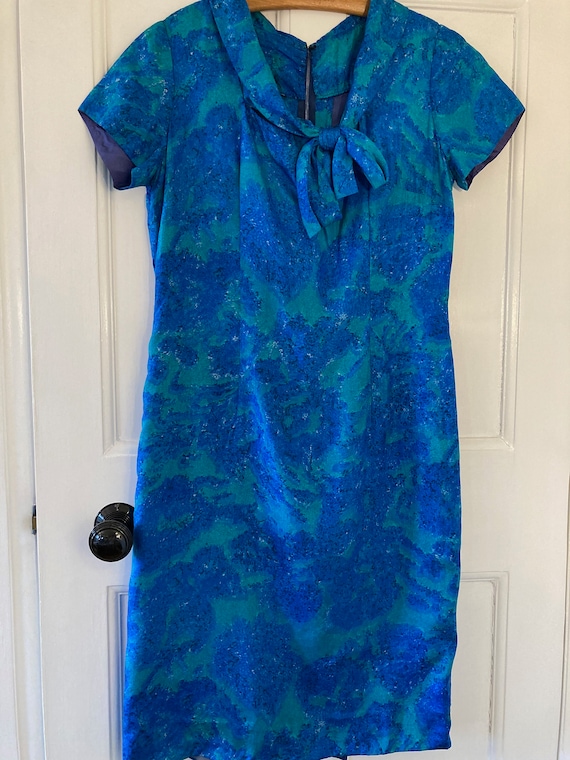 1950s blue and green silky shift dress
