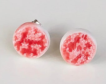 Red Coral Stud Earrings - ceramic porcelain studs with lace imprint detail, minimalist stoneware earrings