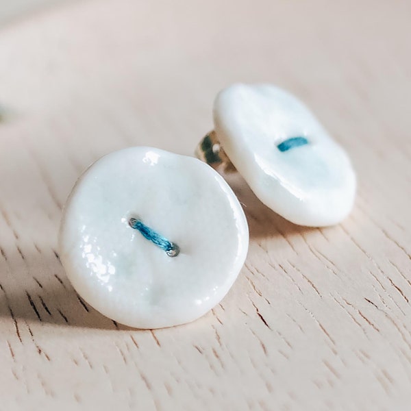 Ceramic button stud earrings - vintage style fine porcelain with delicate lace imprint cotton thread earrings in light blue glaze