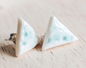 Ceramic Triangle Stud Earrings - fine porcelain studs, delicate lace imprint in light aqua blue glaze, vintage style with contemporary twist