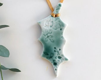 Holly Tree Decor - ceramic porcelain hanging holly tree decoration, luxury gift tag with lace imprint detail