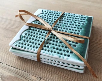 Porcelain Tile Drinks Coasters - green spotted delicate lace imprint handmade country rustic kitchen new home house gift kitchenware