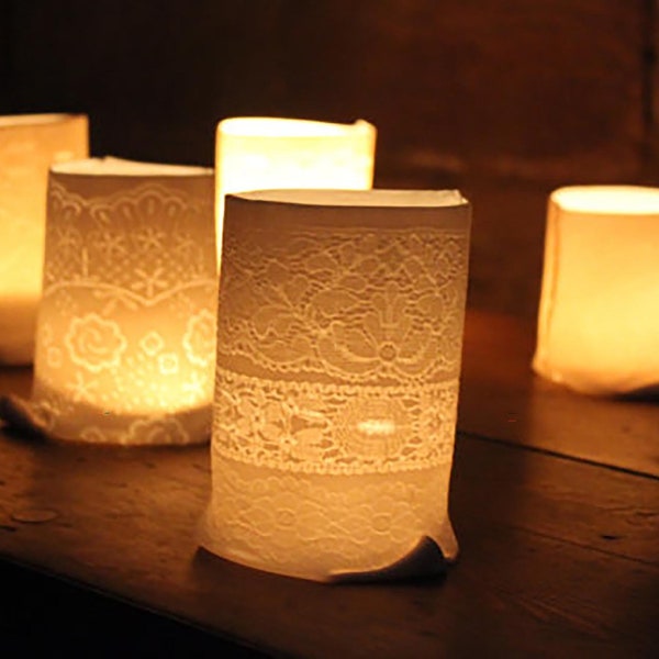 White ceramic tealight holder - fine porcelain candle holder decorated with delicate lace imprint lace impression matt unglazed