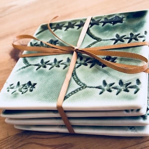 Porcelain Tile Drinks Coasters - green star delicate lace imprint handmade rustic country kitchen wedding engagement house move gift