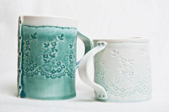 Aqua Blue Porcelain Lace Coffee Mug