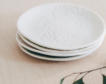 White Ceramic Trinket Dish - handmade fine porcelain jewellery trinket plate with delicate lace imprint detail for a special gift