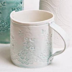 Light Blue Porcelain Lace Mug - hand thrown porcelain coffee or tea mug with lace impression handmade unique ceramic dishwasher safe tea cup