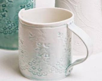 Light Blue Porcelain Lace Mug - hand thrown porcelain coffee or tea mug with lace impression handmade unique ceramic dishwasher safe tea cup