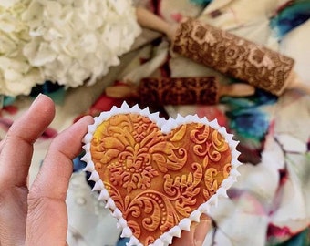 Damask Embossed Rolling pin Textured rolling pin Springerle cookie mold Ceramic tool Pottery stamp Clay roller Shortbread Cut Deeply mold