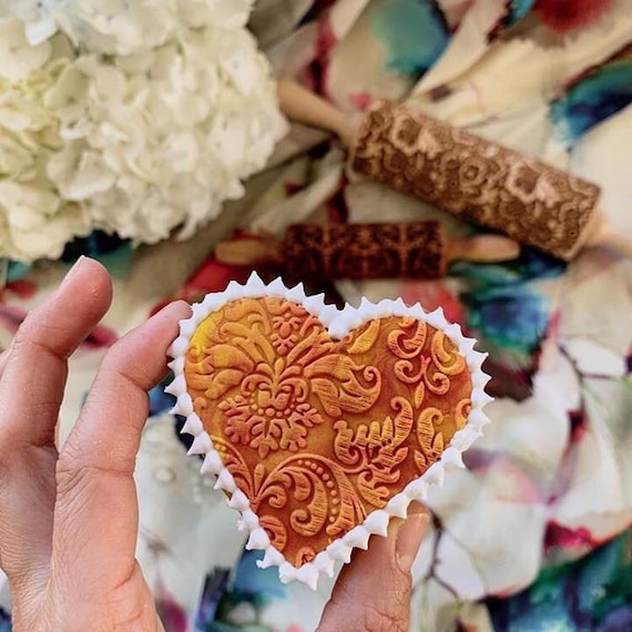 Damask Embossed Rolling pin Textured rolling pin Springerle cookie mold Ceramic tool Pottery stamp Clay roller Shortbread Cut Deeply mold