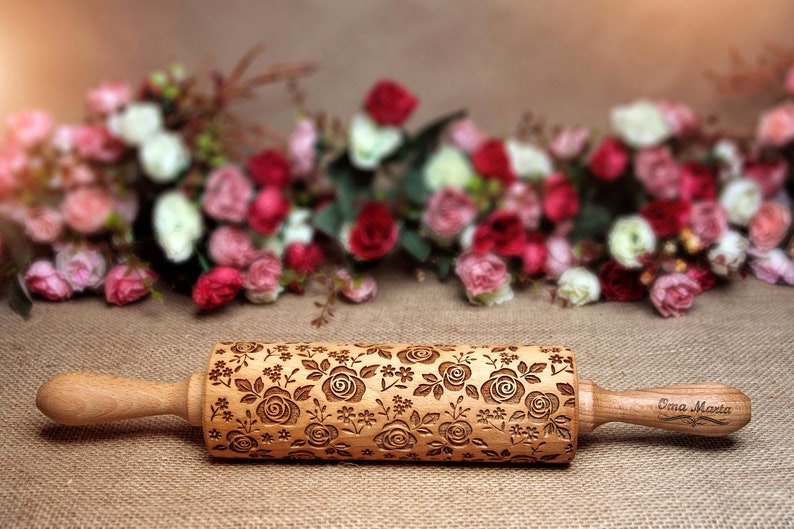 Roses Engraved rolling pin Embossed dough roller Embossing Etsy