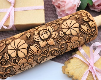 Mothers day gifts Lotus print Embossed rolling pin Patterned Textured roller Wooden Springerle cookie mold Clay Pottery tools Pastry BAKING