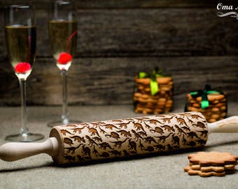 Dinosaur cookie stamp Engraved rolling pin Embossed dough roller Textured cookies Mothers Day Gravierte nudelholz Dinosaurier Mum gift Gifts