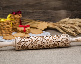 Hearts embossed rolling pin Hearts engraved rolling pin Mothers day gift hearts Textured patterned roller Gift for her Springerle cookie