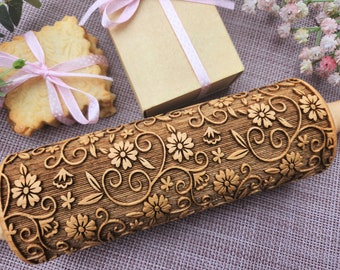 Embossed rolling pin Springerle cookie mold MKMPottery tools Flowers engraved rolling pin Textured Clay Embosser Patterned roller Gifts