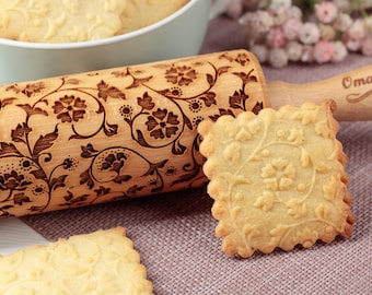 Floral Patterned Wooden Rolling Pin Essential Baking Tool for Dough Fondant Pastry Engraved Roller Embossing Rolling Pin Cookie Biscuit Cake