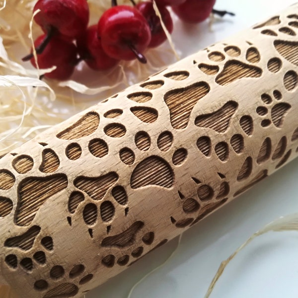 Cookies stamp Dogs paws engraved rolling pin Embossed dough roller Birthday gift for animal lovers Cookies decorating roller Dough roller