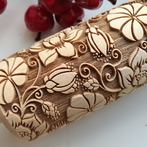 Lotus Embossing Rolling pin Texured roller Embossed Rolling pin Springerle cookie mold Gifts for her Doughter Clay Pottery Cookie cutter