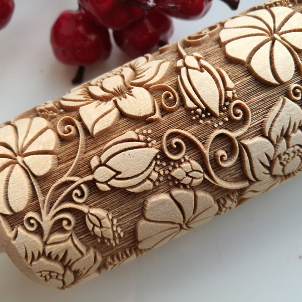 Lotus Embossing Rolling pin Texured roller Mothers day gift Embossed Rolling pin Springerle cookie mold Gifts for her Doughter Clay Pottery