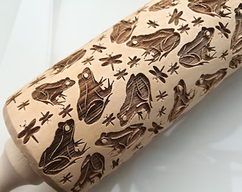 Frog Embossed rolling pin Engraved rolling pin Springerle Carved mold Thumbprint cookies Frog lover gift Springerle Textured rolling pin