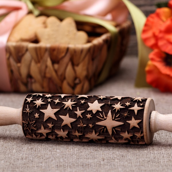 Stars German Embossed rolling Engraved rolling pin Carved dough roller Mothers day gifts Springerle mold Birthday gift for mom Stars cookies