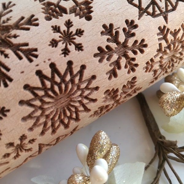 Snowflakes engraved rolling CHRISTMAS Embossing rolling pin Xmas pattern Textured rolling Embossed dough roller Christmas cookies Xmas gifts