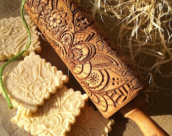 Paisley engraved rolling pin Springerle cookie mold Gifts for her Textured Embossed Rolling pin Nudeholz mit gravur Prägunglholz mit blumen