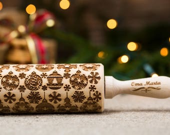 Christmas Rolling pin Engraved rolling pin Wooden pin Wooden rolling pin Wood rolling pin Embossing rolling Gift for christmas Gift for her