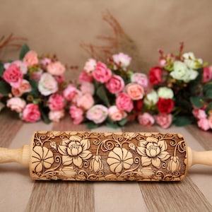 Lotus Embossed Engraved Textured rolling pin Springerle cookie mold Gifts for her Gift for mom Embossing rolling pin Baking mold Cookies