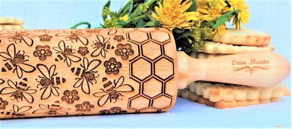Flowers Embossed Rolling Pin, Textured Cookies, Clay Stamp