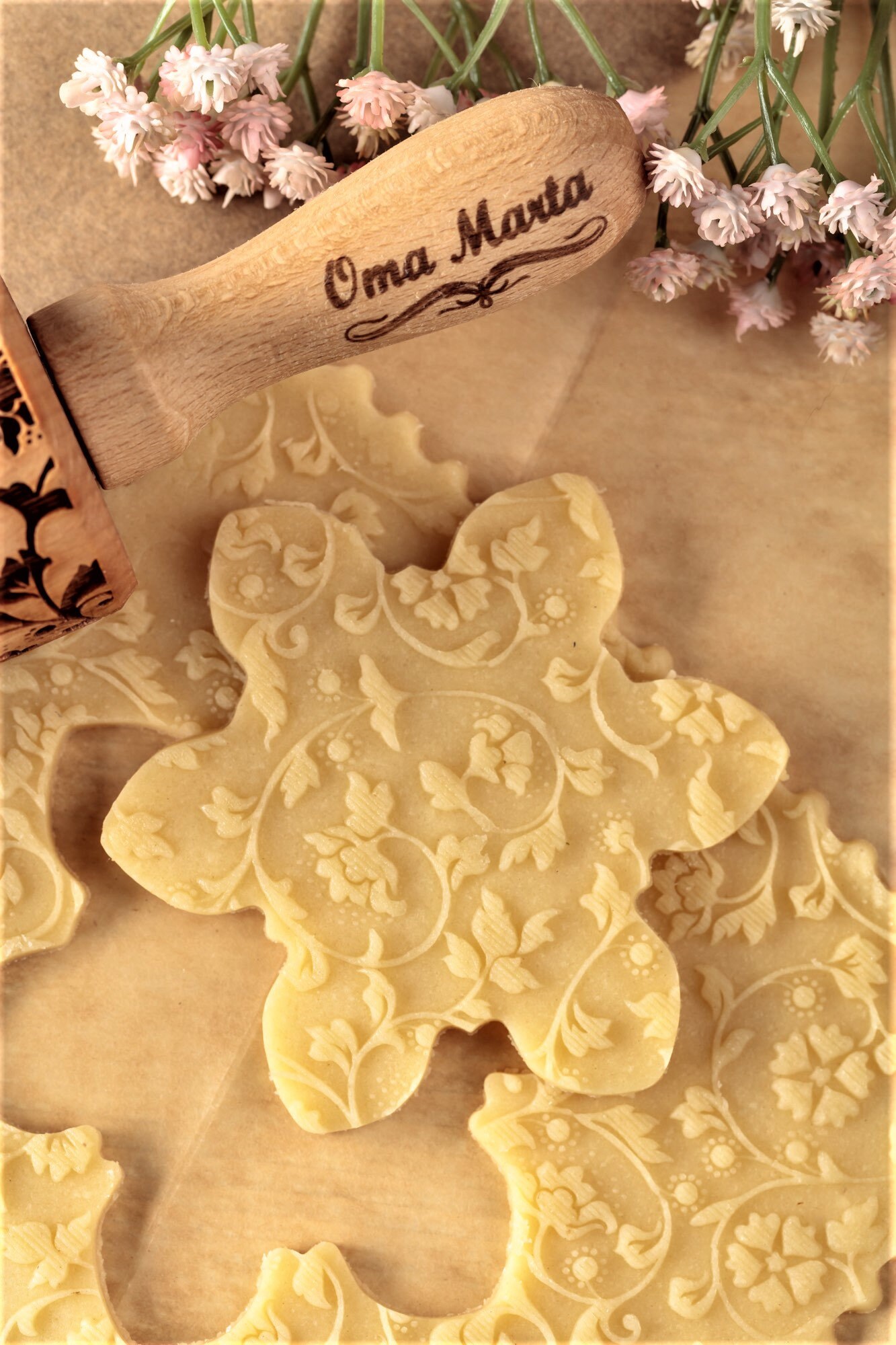 Mattarello In Legno Goffrato Con Motivo Floreale - Per Biscotti E Decorazioni - Foto 2