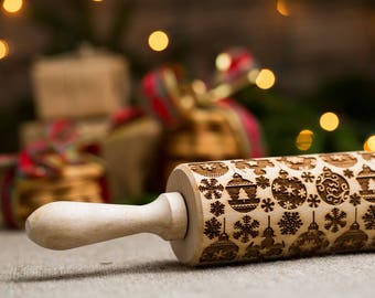 Christmas Rolling pin Christmas gift Carved mold Christmas Balls Merry Christmas Embossed dough