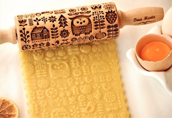 Scandinavian Engraved Embossed rolling pin Owl Springerle Gingerbread carved cookie mold Dough roller Fondant design Christmas Xmas gifts