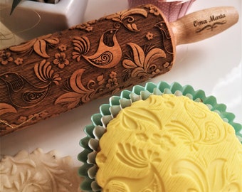 Bird Textured rolling pin Embossed rolling pin for cookie Christmas gift Cookie mold Roller Clay Springerle cookie mold Gift for her Xmas